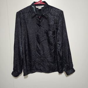 Vintage Argenti Petite Blouson Back Blouse Black Rose Print Size 8 Button Front